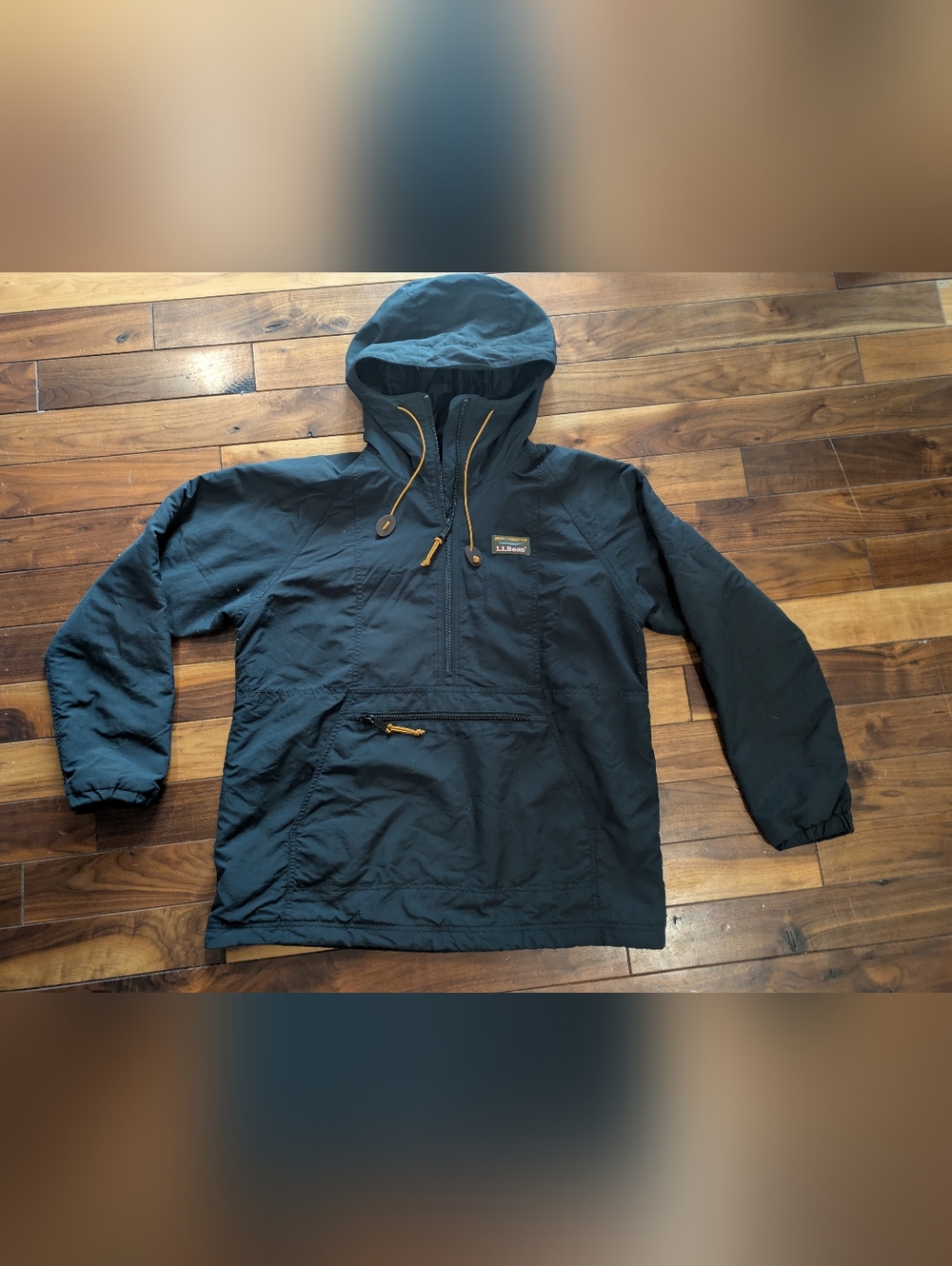 L.L. Bean Men's Hooded Windbreaker Jacket in Charcoal Black with Brown Accents